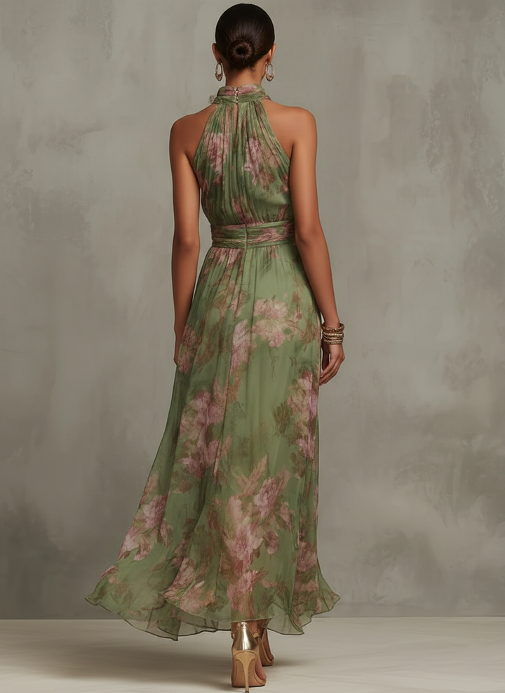 Firenze | Vestito maxi in chiffon floreale verde con collo halter