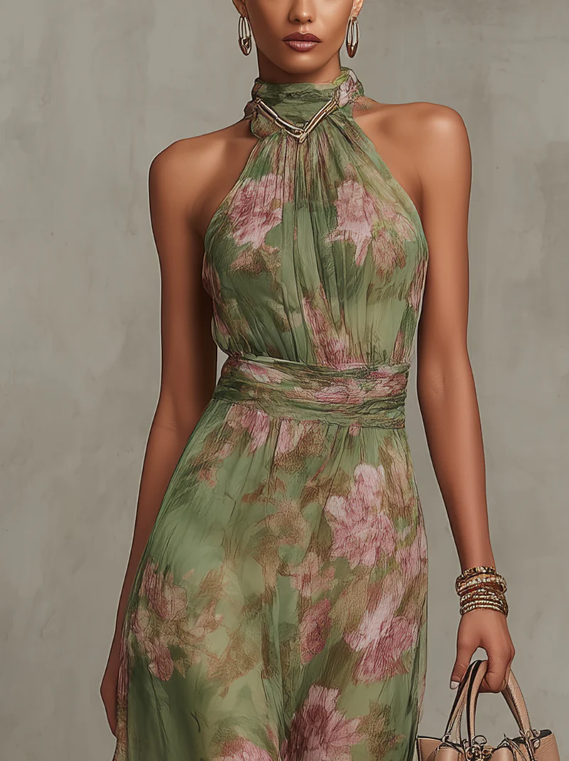 Firenze | Vestito maxi in chiffon floreale verde con collo halter