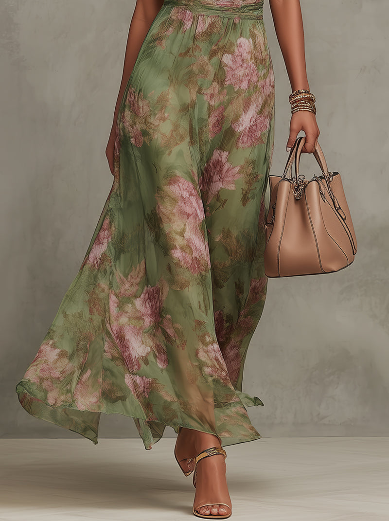 Firenze | Vestito maxi in chiffon floreale verde con collo halter