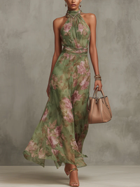 Firenze | Vestito maxi in chiffon floreale verde con collo halter
