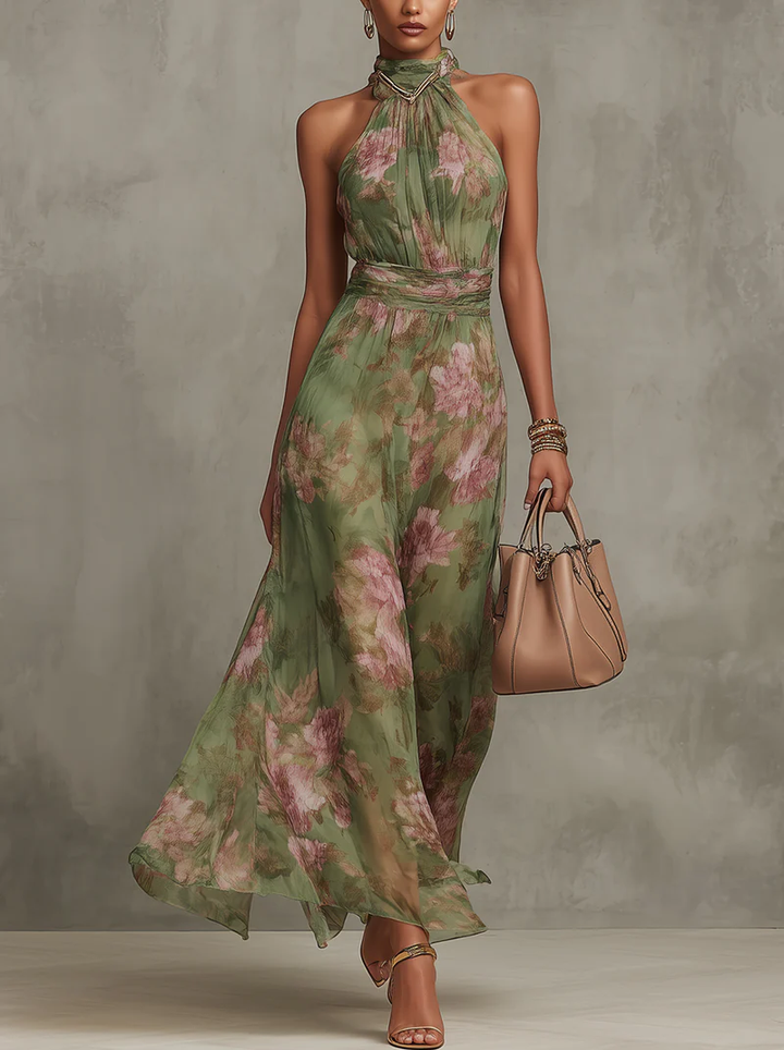 Firenze | Vestito maxi in chiffon floreale verde con collo halter