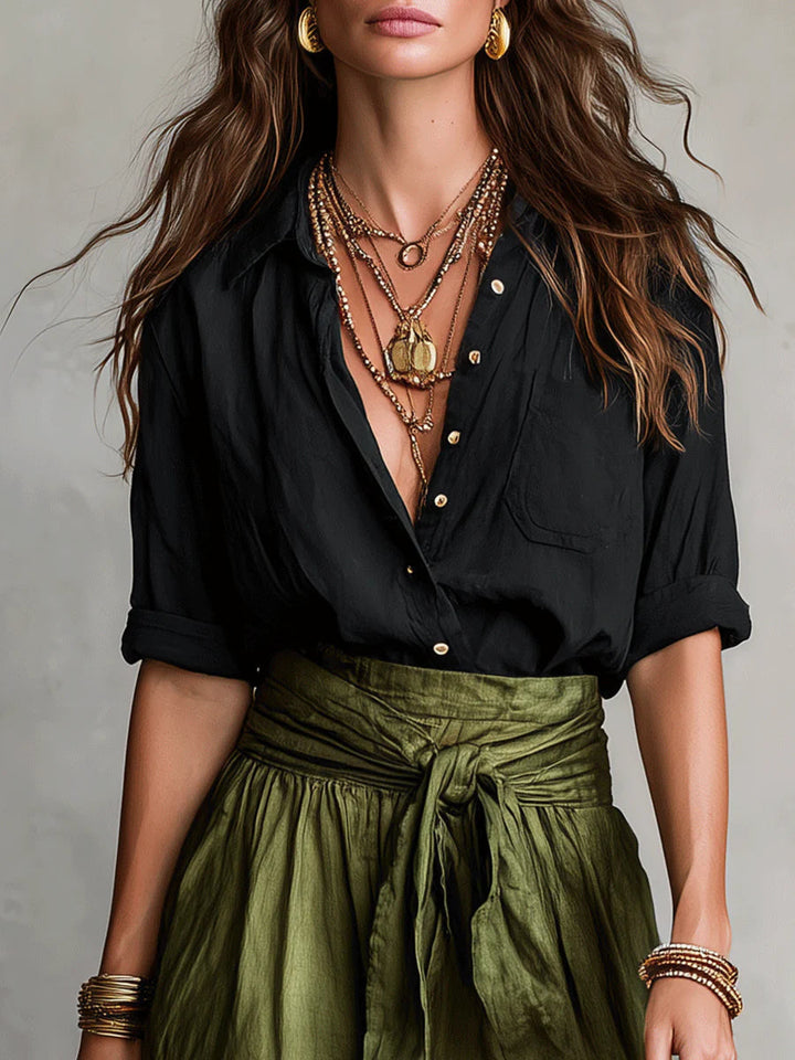 Maglietta Nera e Gonna Midi Verde Oliva Set Due Pezzi