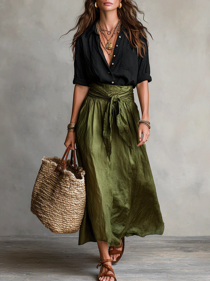 Maglietta Nera e Gonna Midi Verde Oliva Set Due Pezzi