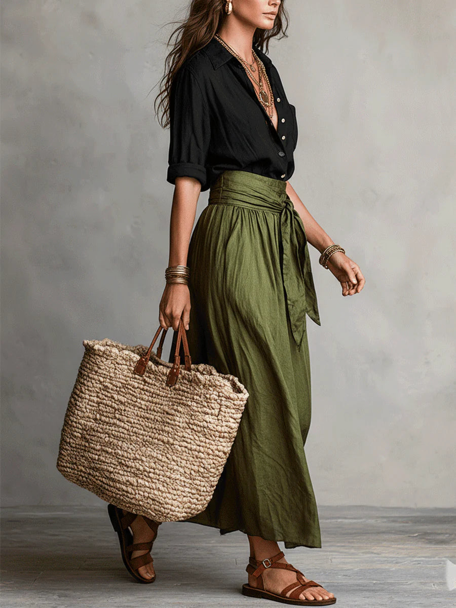 Maglietta Nera e Gonna Midi Verde Oliva Set Due Pezzi