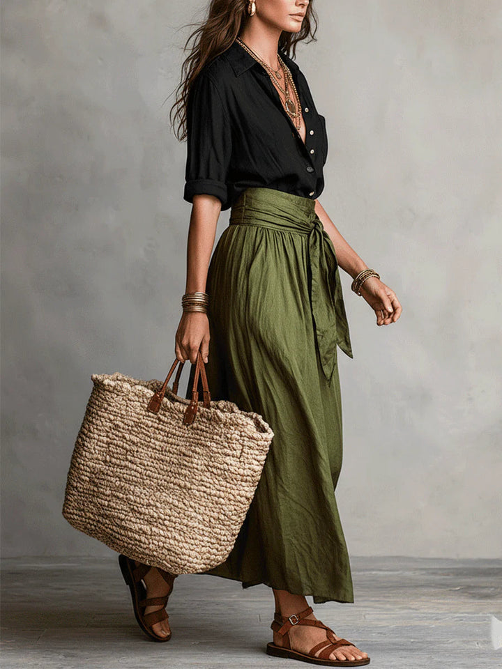 Maglietta Nera e Gonna Midi Verde Oliva Set Due Pezzi
