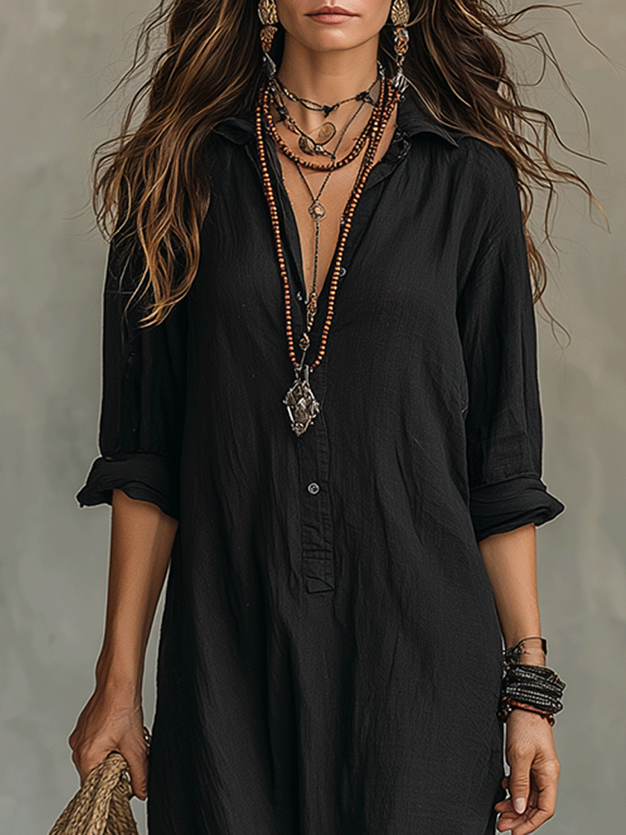 Abito Maxi Bohemien con Bottoni Neri
