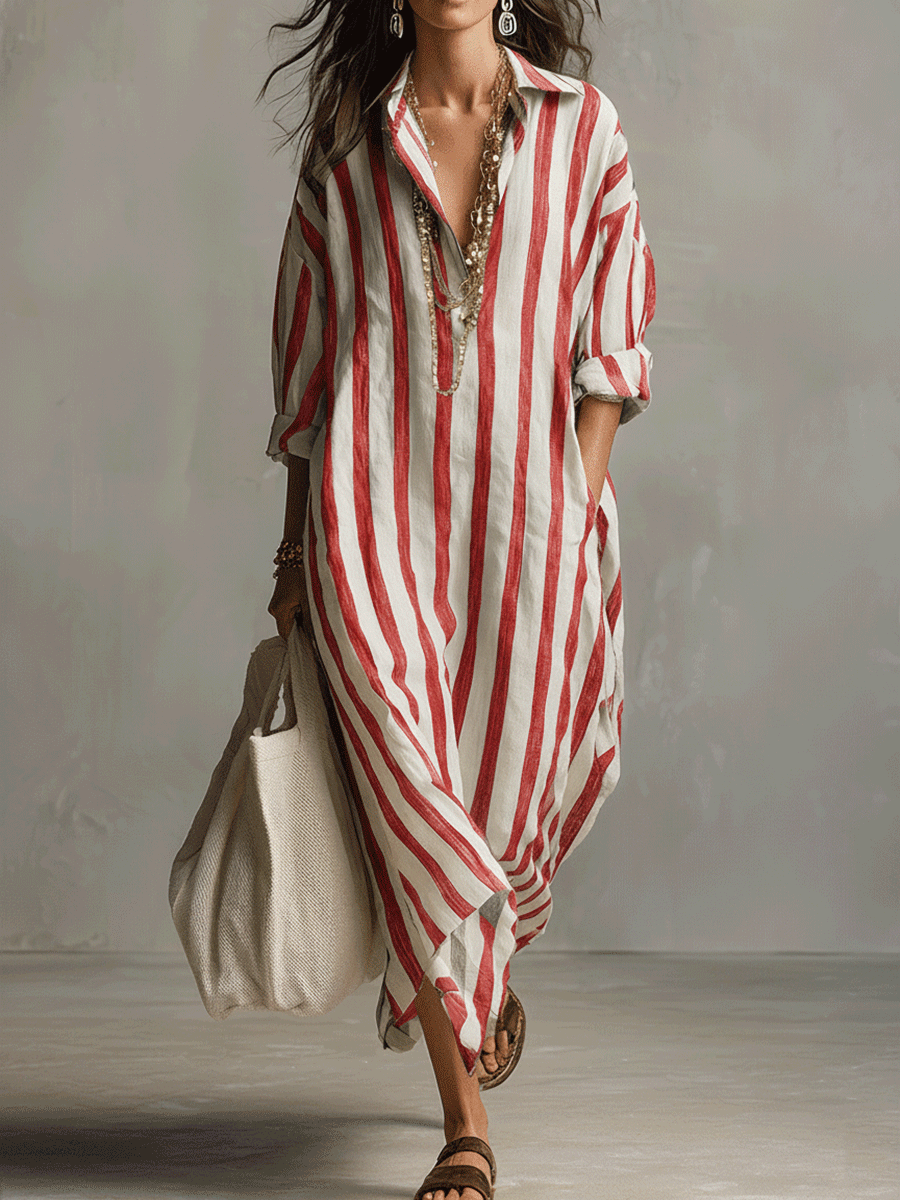 Abito Maxi Stile Bohemien a Righe Casual