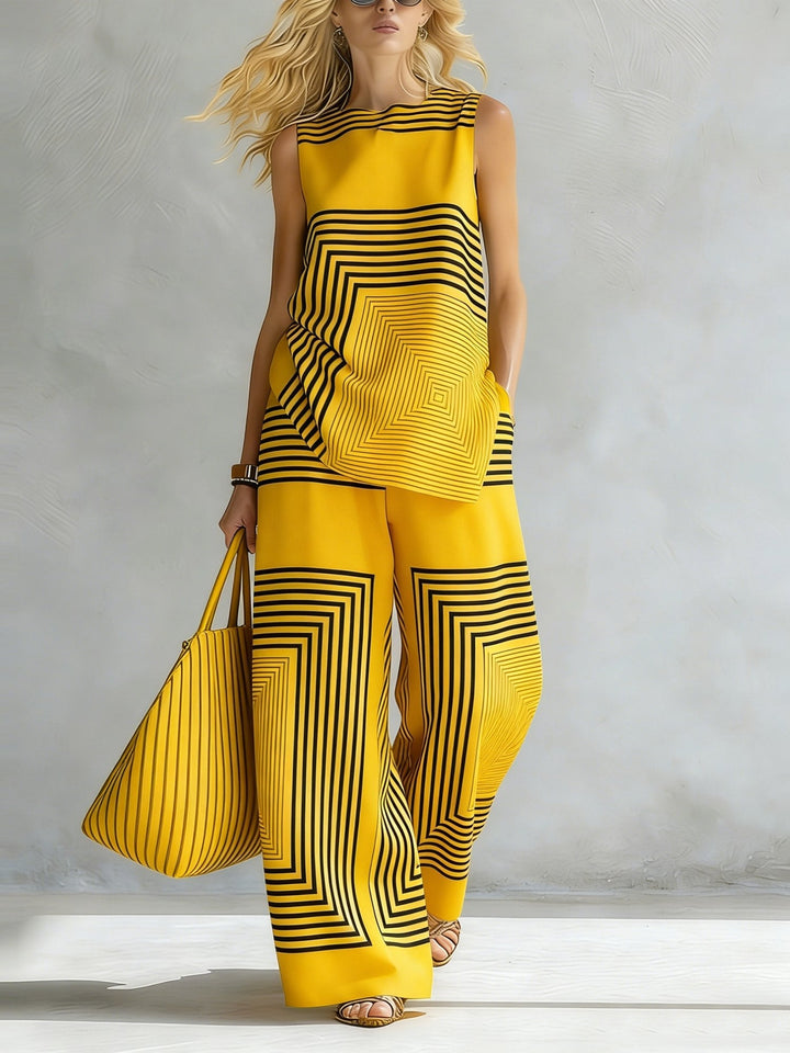 Léa | Completo Geometrico Moderno Top Senza Maniche & Pantalone Largo