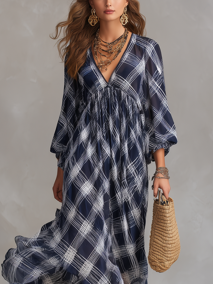 Abito Maxi Fluente a Righe Blu Marino in Stile Francese