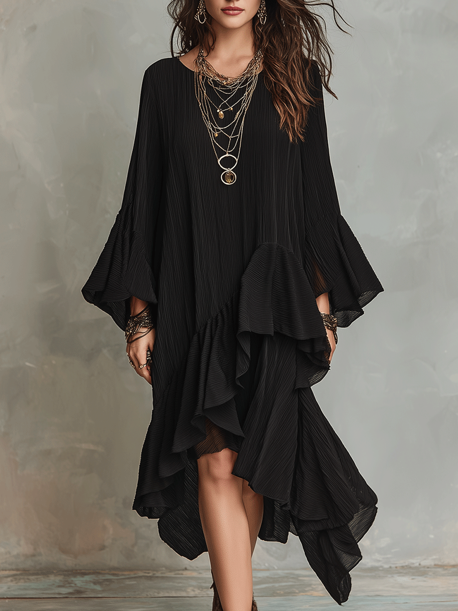 Elegante Abito Midi Boho Nero con Righe Asimmetriche