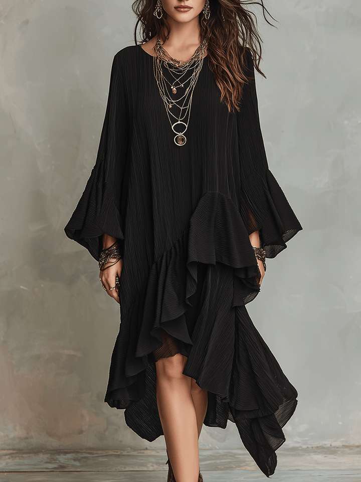 Elegante Abito Midi Boho Nero con Righe Asimmetriche