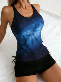 Celeste - Set tankini con stampa di galassia che copre la pancia