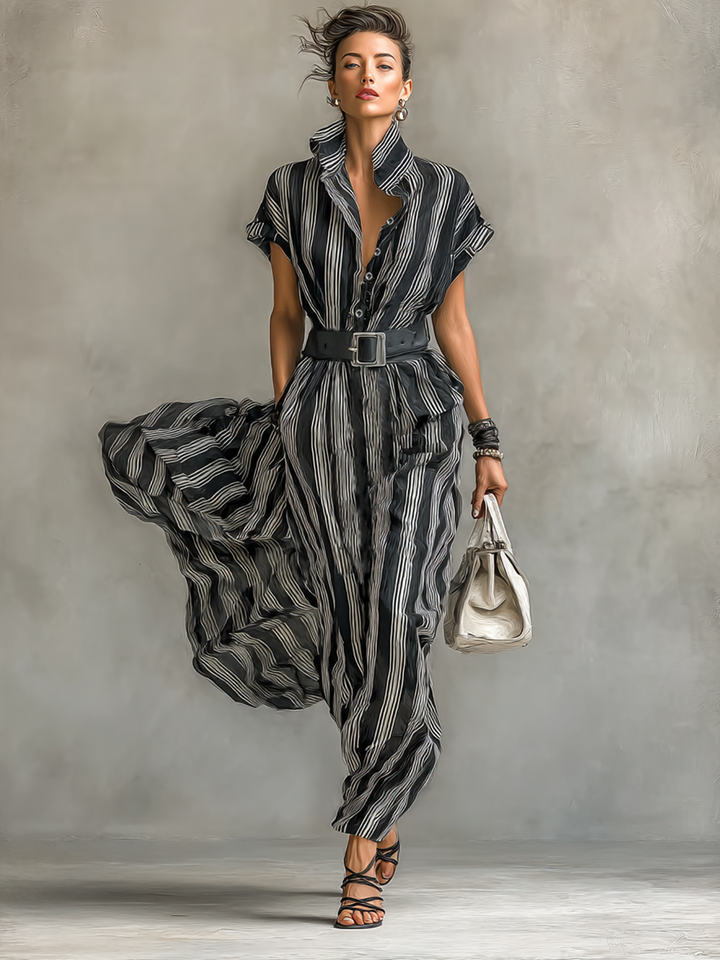 Abito Maxy Chiffon Stampato a Righe con Colletto e Maniche Corte per Donna con Cintura