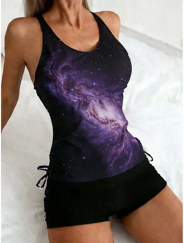 Celeste - Set tankini con stampa di galassia che copre la pancia