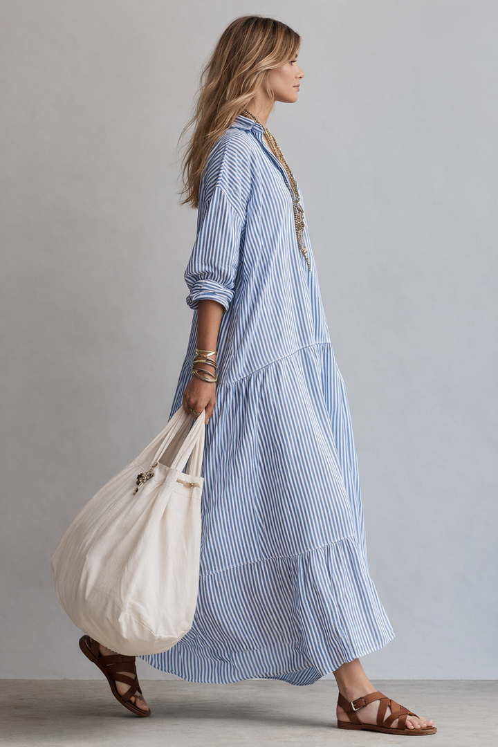 Abito Maxi Camicia Relaxed a Righe Blu