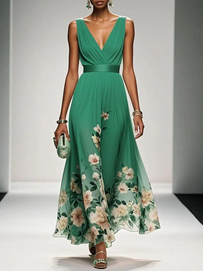 Abito lungo in chiffon azzurro chiaro con fiori, scollatura a V, senza maniche e taglio a A