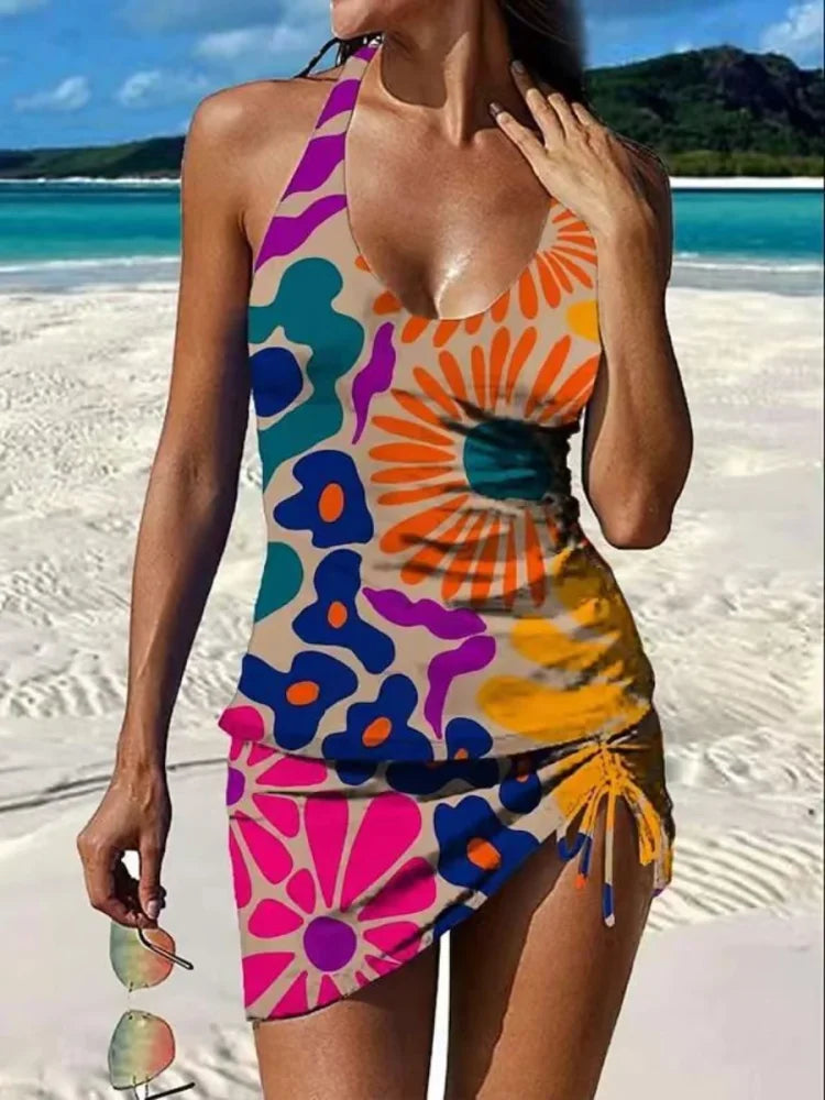 Fiesta - Set tankini floreale con design grafico che copre la pancia