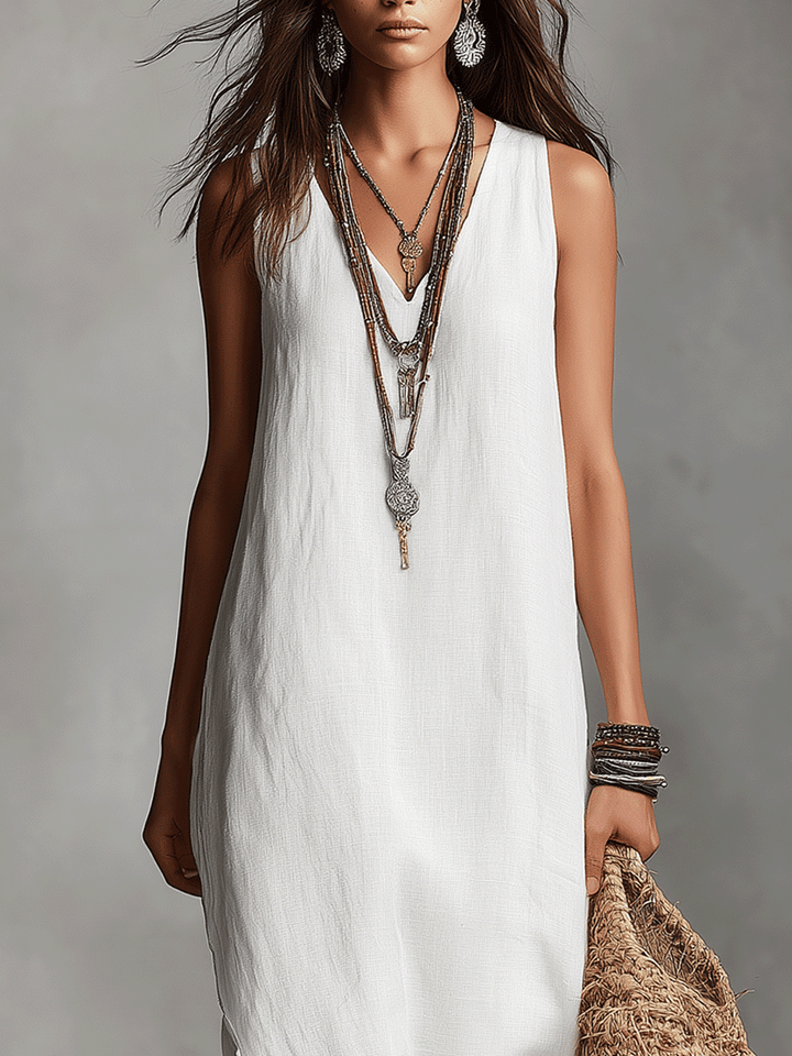 Chic Abito Maxi Bianco Senza Maniche con Scollatura a V