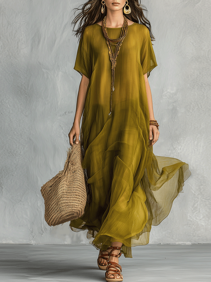 Maxi-abito Bohemien Verde Oliva con Silhouette Drappeggiata