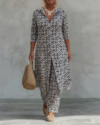 Sara | Completo Bohemien con Tunica a Stampa Geometrica e Pantaloni a Gamba Larga