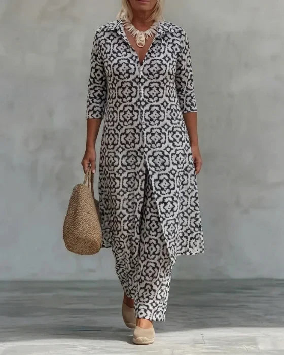 Sara | Completo Bohemien con Tunica a Stampa Geometrica e Pantaloni a Gamba Larga