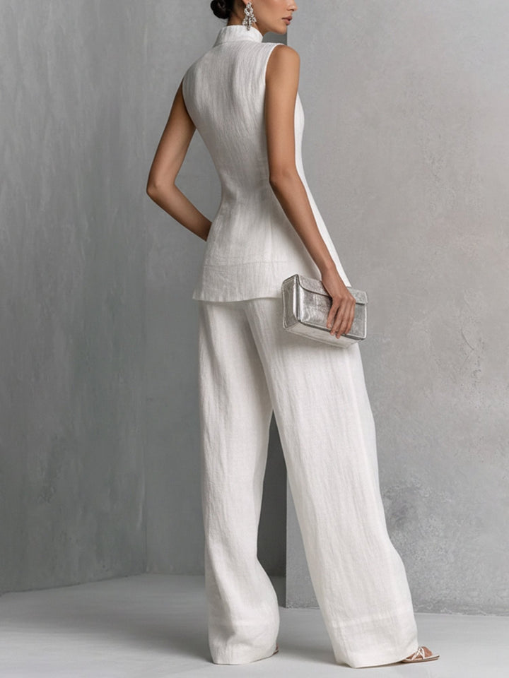 Auréline | Completo Elegante in Lino Gilet Senza Maniche & Pantaloni a Vita Alta