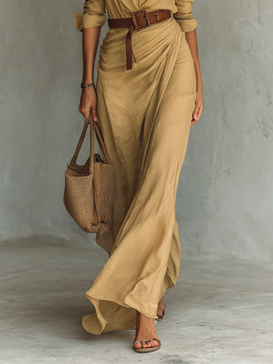 Vestito Maxi Lungo con Collo Notch e Maniche Lunghe per Donne