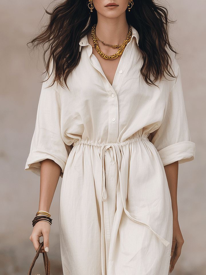Abito Maxi Camicia Bohemien Senza Sforzo Con Corda In Vita