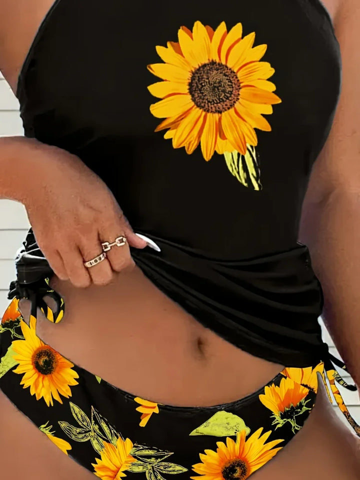Soleado - Set di tankini con top a halter e stampa di girasole che copre la pancia