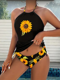 Soleado - Set di tankini con top a halter e stampa di girasole che copre la pancia