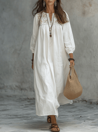 Abito Maxy Bianco Bohemien con Ricamo di Fiori e Maniche a Palloncino