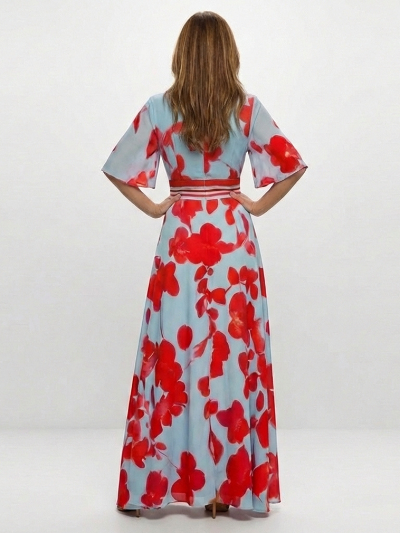 Corinne | Vestito Maxi Floreale a Manica Corta con Scollatura a V
