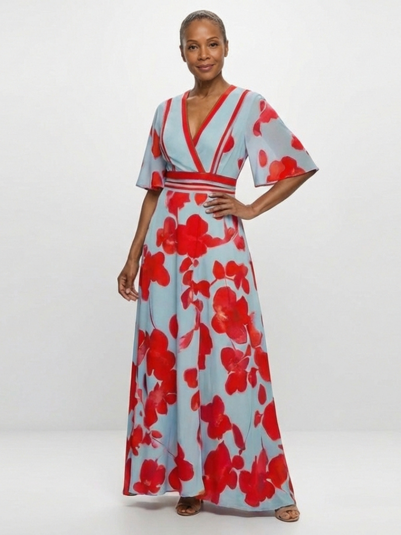 Corinne | Vestito Maxi Floreale a Manica Corta con Scollatura a V