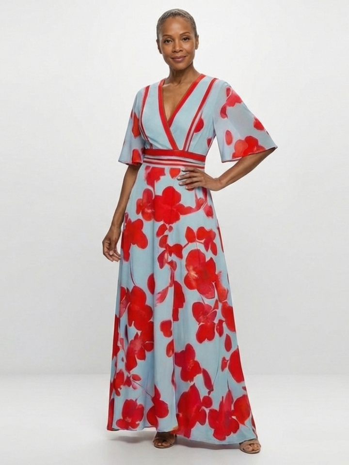 Corinne | Vestito Maxi Floreale a Manica Corta con Scollatura a V