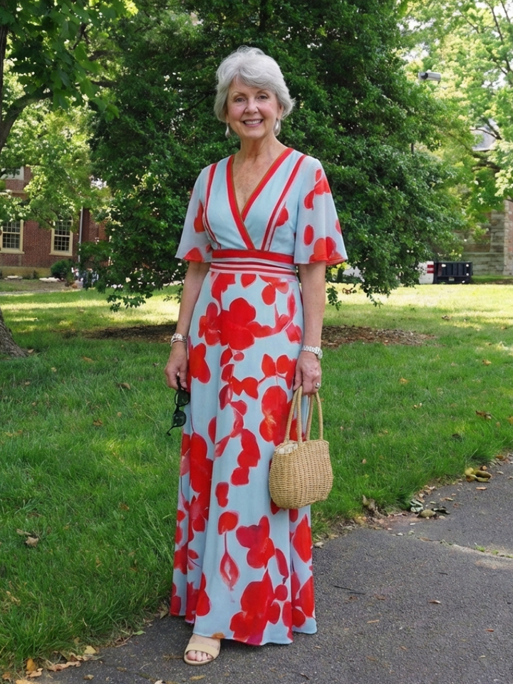 Corinne | Vestito Maxi Floreale a Manica Corta con Scollatura a V