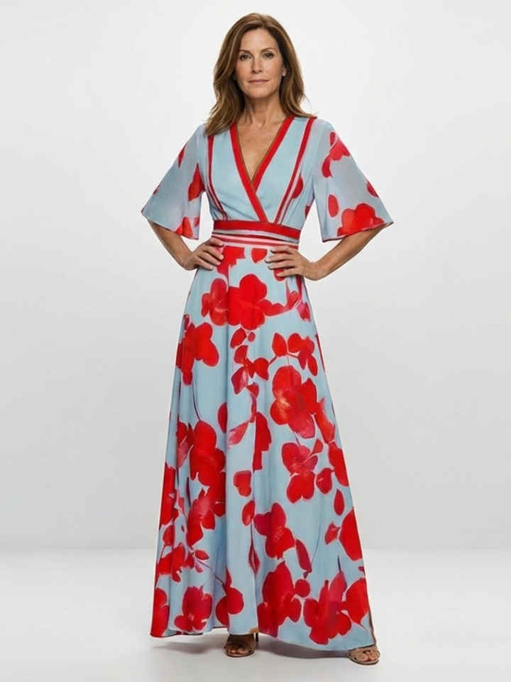 Corinne | Vestito Maxi Floreale a Manica Corta con Scollatura a V