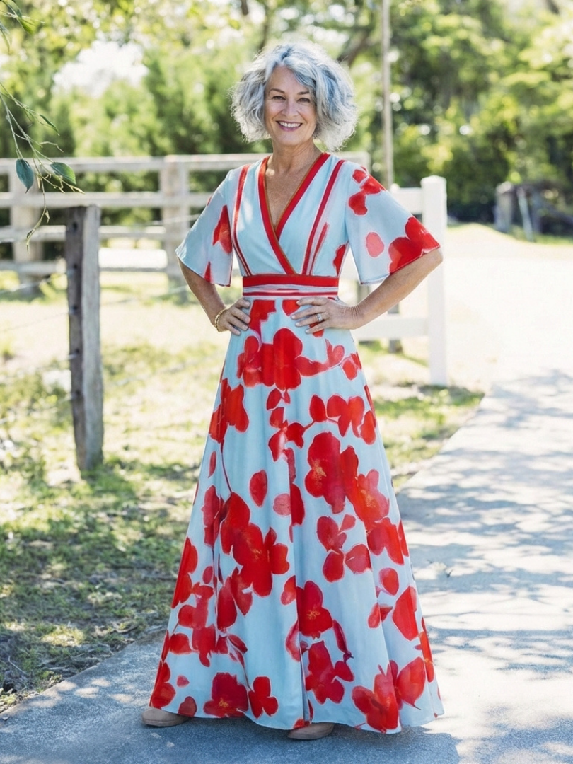 Corinne | Vestito Maxi Floreale a Manica Corta con Scollatura a V