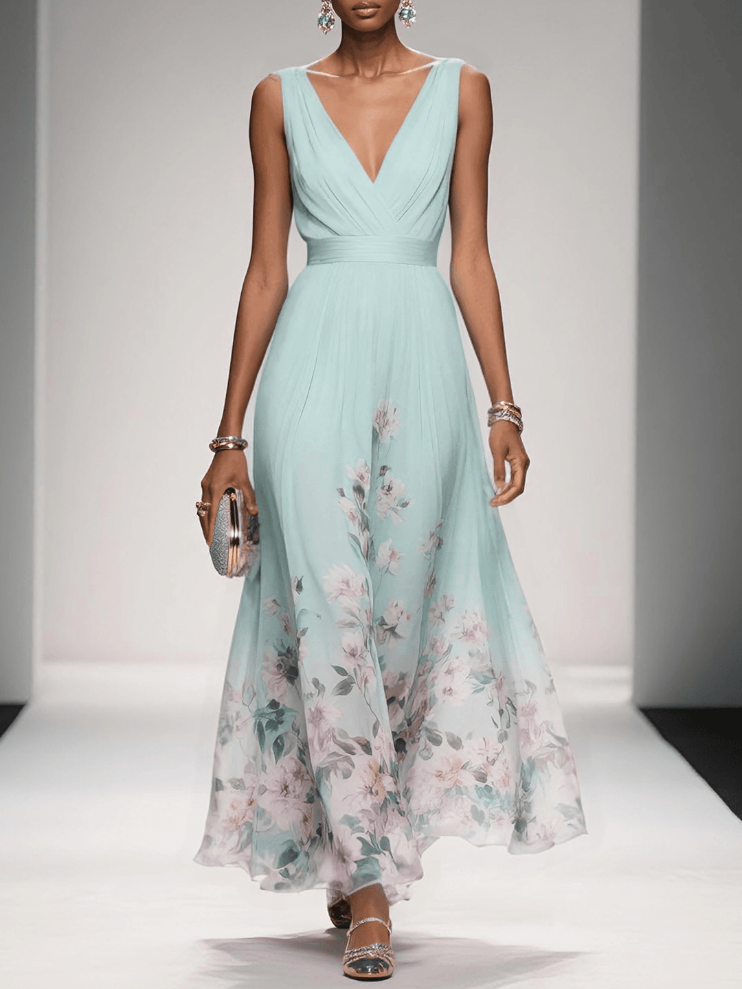 Abito lungo in chiffon azzurro chiaro con fiori, scollatura a V, senza maniche e taglio a A