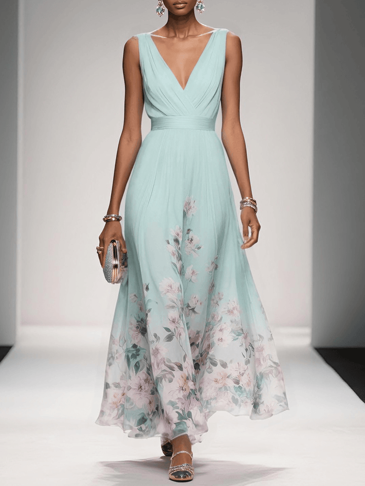 Abito lungo in chiffon azzurro chiaro con fiori, scollatura a V, senza maniche e taglio a A