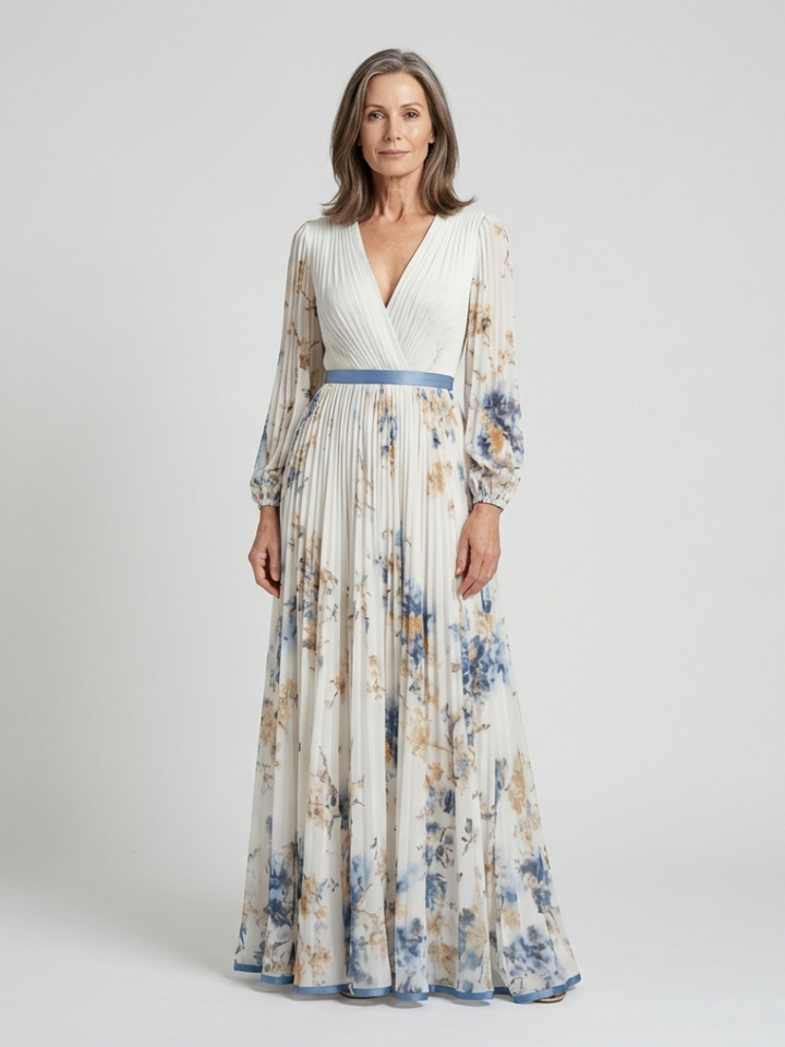 Lavinia | Vestito Maxi Floreale a Manica Lunga e Scollatura a V