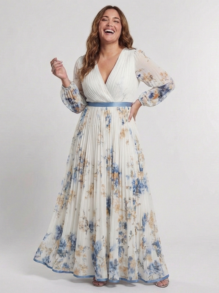 Lavinia | Vestito Maxi Floreale a Manica Lunga e Scollatura a V