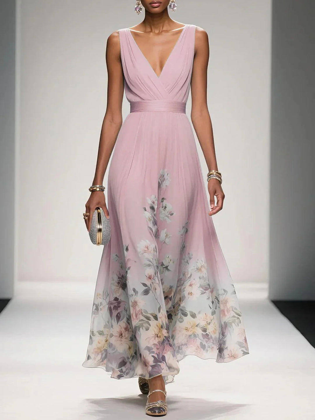 Abito lungo in chiffon azzurro chiaro con fiori, scollatura a V, senza maniche e taglio a A