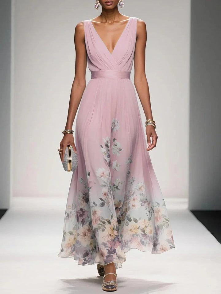 Abito lungo in chiffon azzurro chiaro con fiori, scollatura a V, senza maniche e taglio a A