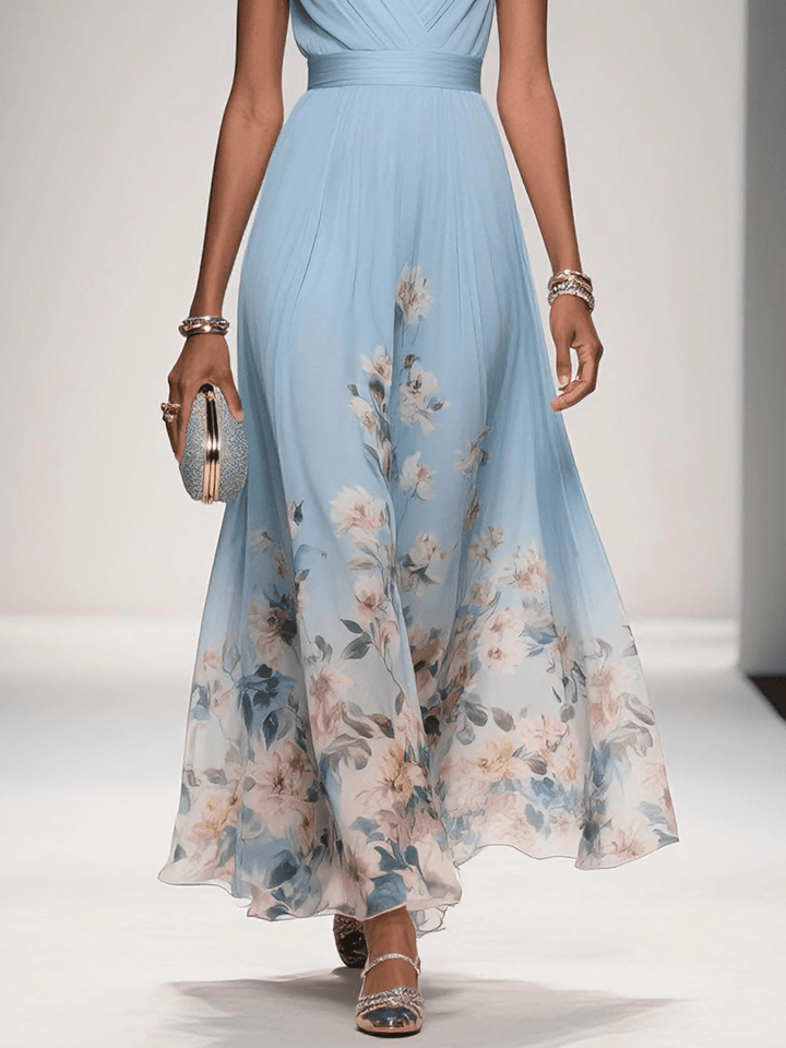 Abito lungo in chiffon azzurro chiaro con fiori, scollatura a V, senza maniche e taglio a A