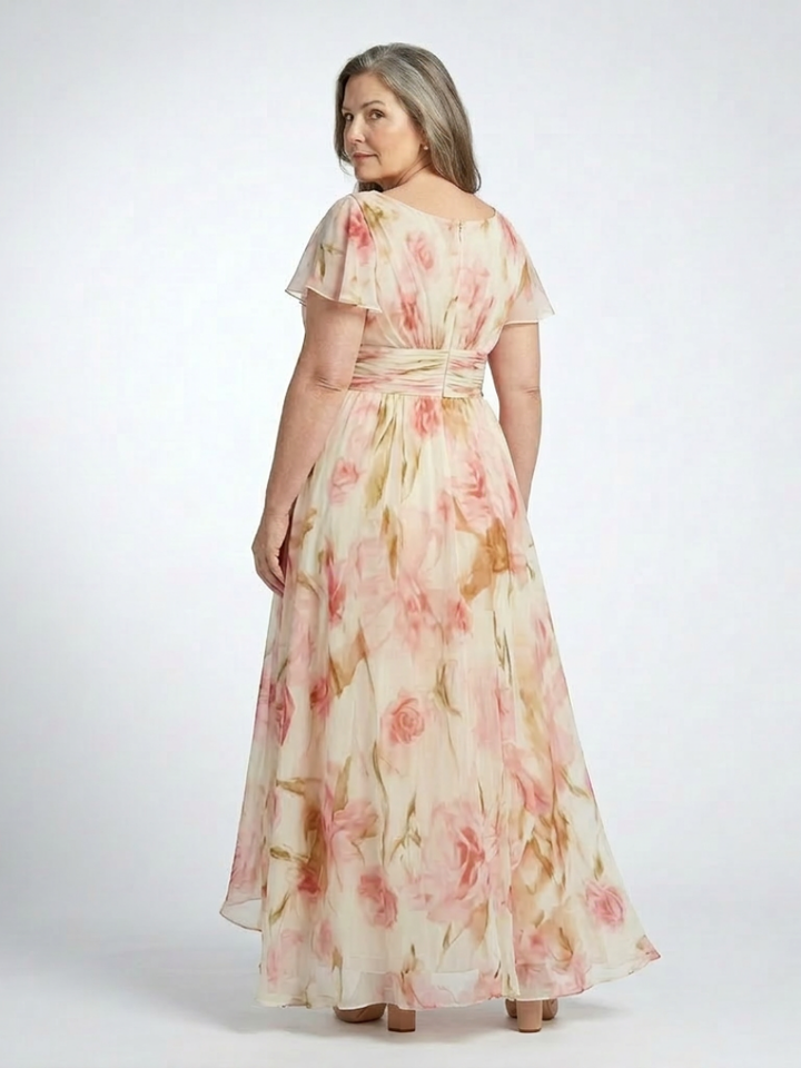 Elara | Vestito Maxi Floreale a Manica Corta con Scollatura a V