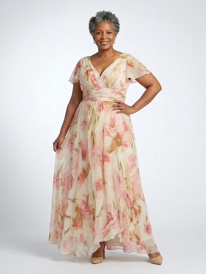 Elara | Vestito Maxi Floreale a Manica Corta con Scollatura a V