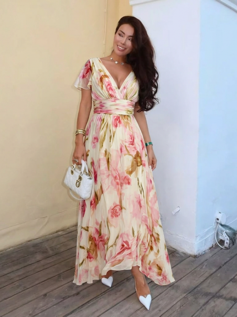 Elara | Vestito Maxi Floreale a Manica Corta con Scollatura a V