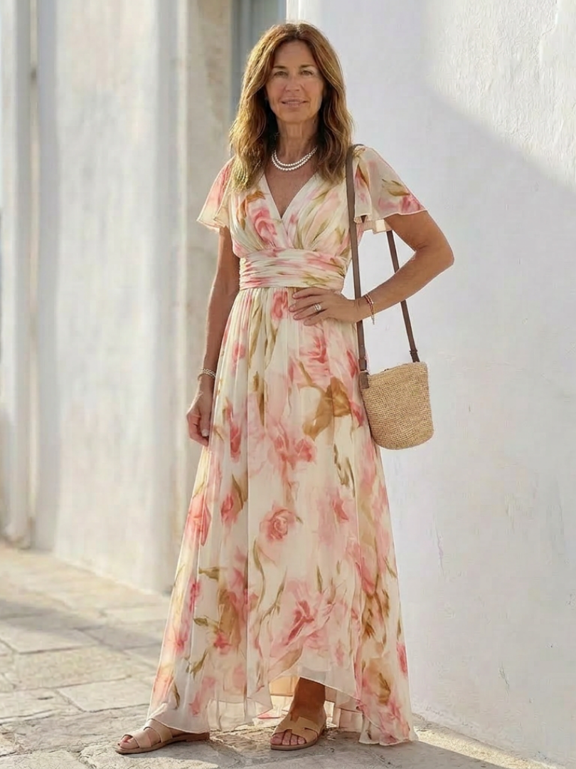 Elara | Vestito Maxi Floreale a Manica Corta con Scollatura a V