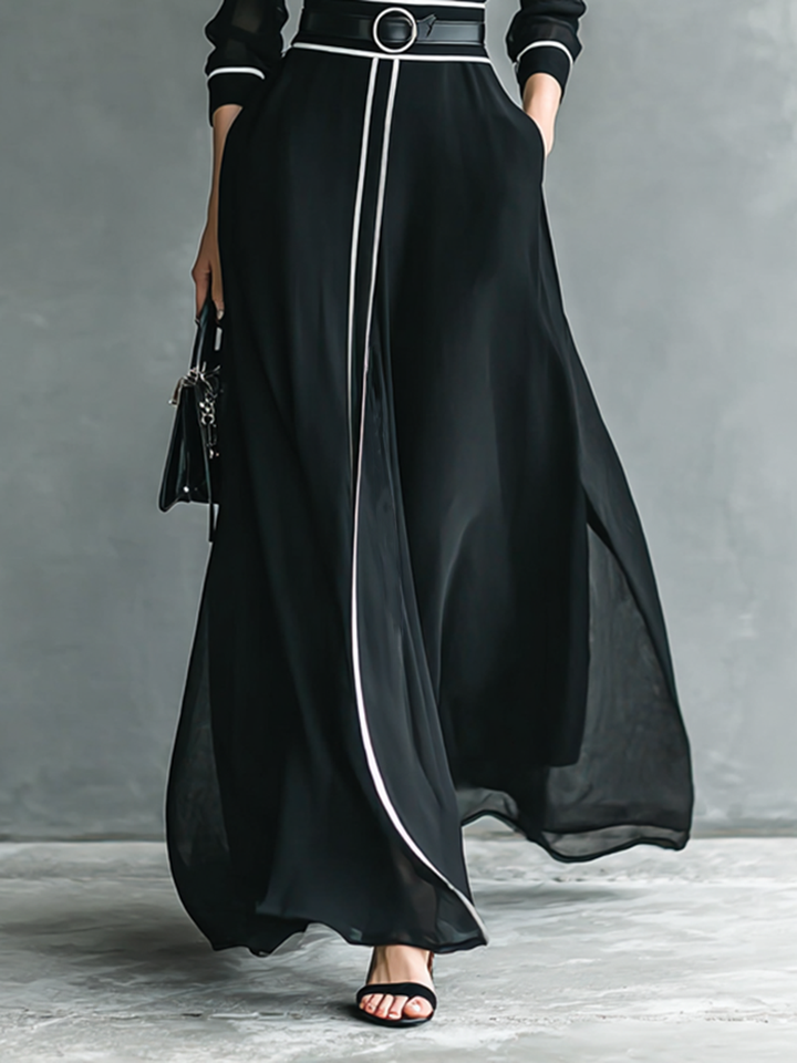 Abito Maxi in Chiffon con Collo Alto e Maniche Lunghe per Donna con Bordo Bianco
