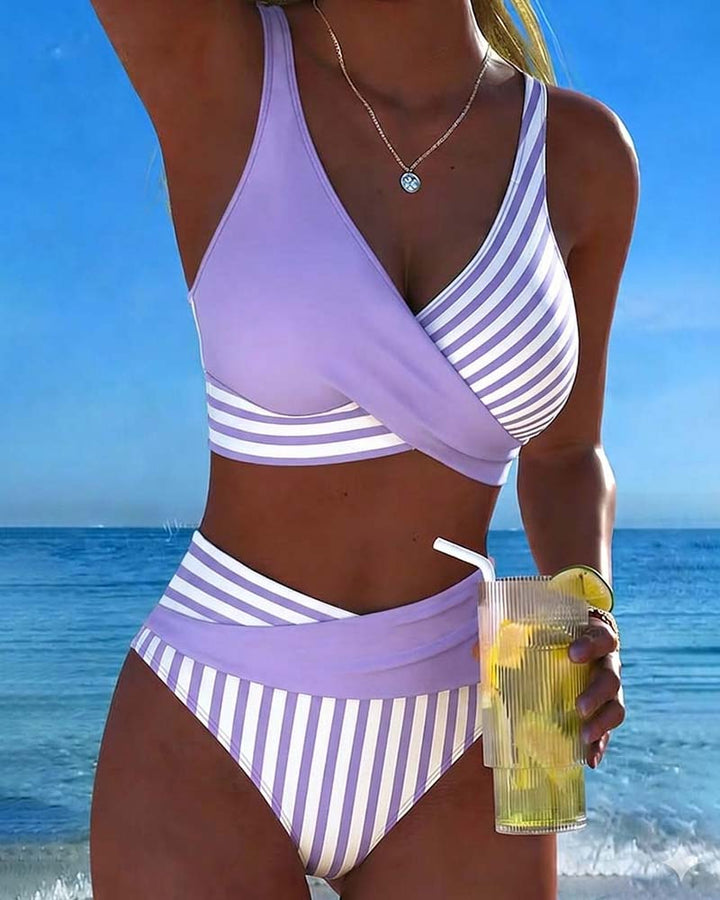 Bikini Incrociato con Stampa a Righe